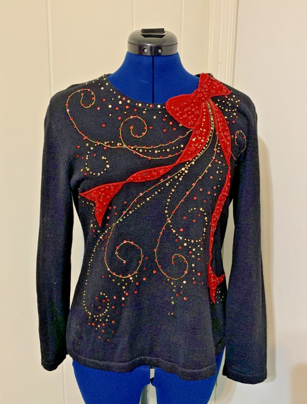 Vintage 90s Jack B Quick Women's Sweater Size L Red Bow Sequins Holiday